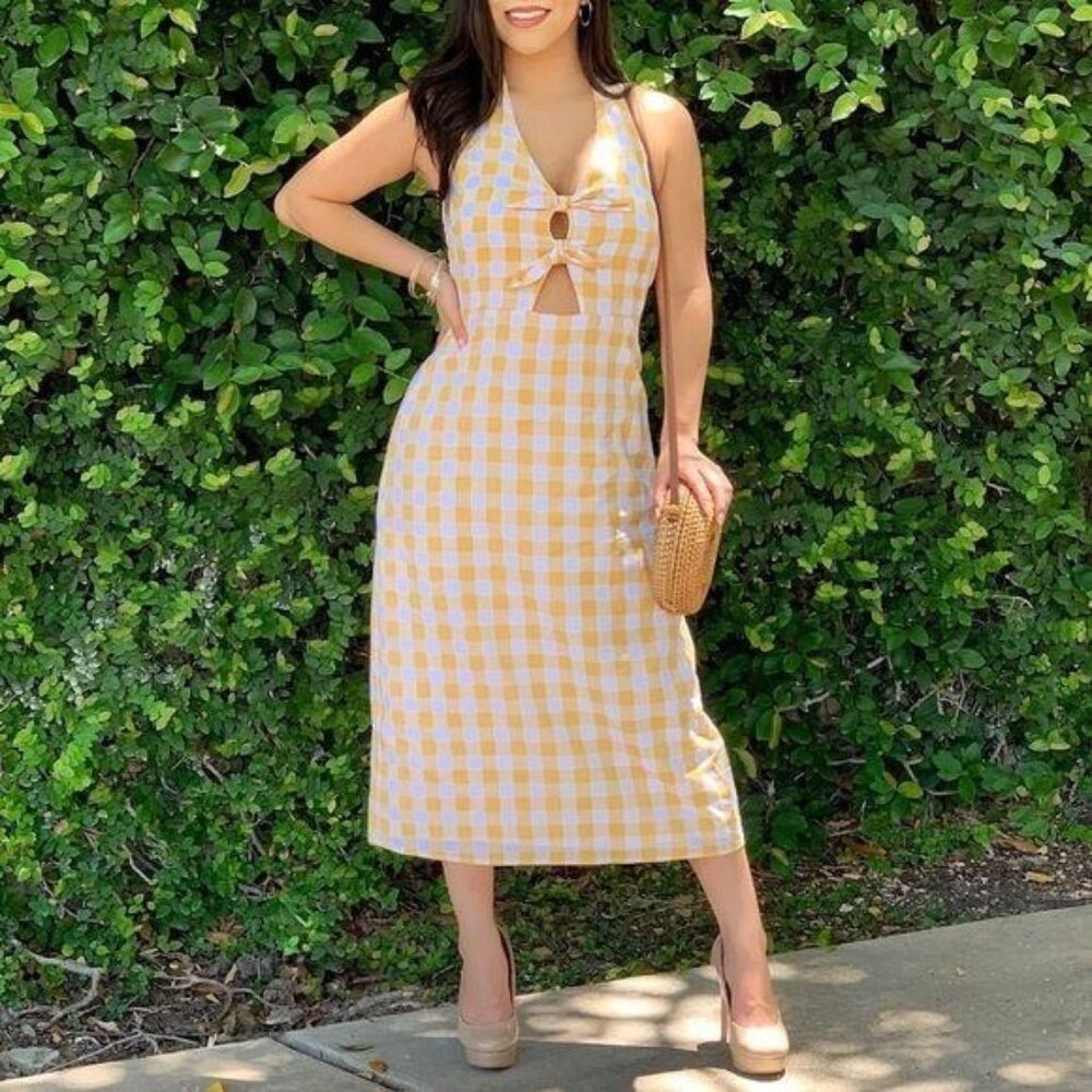 Sugarlips Gingham Midi Dress Size Medium Yellow White Tie Front Halter Sz M New